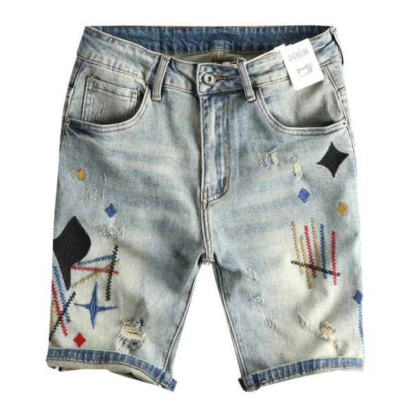 Summer New American Retro Embroidery Denim Cargo Shorts Men's Fashion 93% Cotton Washed Old Hole Straight Casual 5-point Pants - AliExpress 200000343 - Image 5