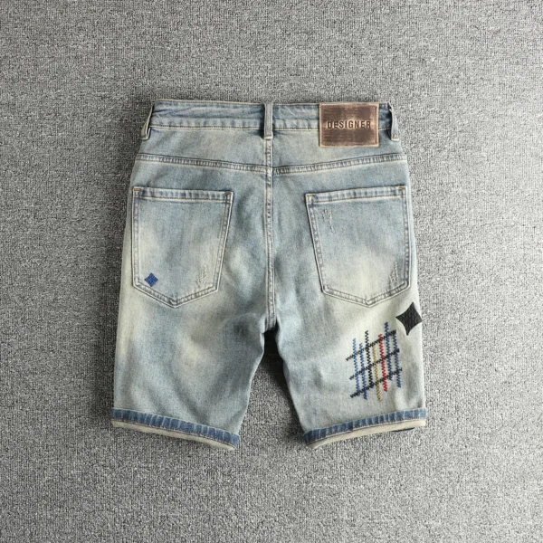 Summer New American Retro Embroidery Denim Cargo Shorts Men's Fashion 93% Cotton Washed Old Hole Straight Casual 5-point Pants - AliExpress 200000343 - Image 2