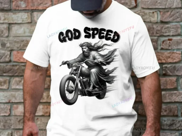 God Speed Jesus on Motorcycle Cotton T-Shirt Cool Religious Vintage Look Graphic Christian Biker Christian Humour Gift Unisex - AliExpress 200000343