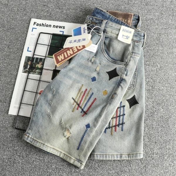 Summer New American Retro Embroidery Denim Cargo Shorts Men's Fashion 93% Cotton Washed Old Hole Straight Casual 5-point Pants - AliExpress 200000343 - Image 3