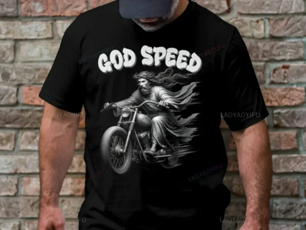 God Speed Jesus on Motorcycle Cotton T-Shirt Cool Religious Vintage Look Graphic Christian Biker Christian Humour Gift Unisex - AliExpress 200000343 - Image 2