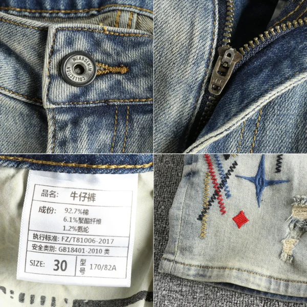 Summer New American Retro Embroidery Denim Cargo Shorts Men's Fashion 93% Cotton Washed Old Hole Straight Casual 5-point Pants - AliExpress 200000343 - Image 4