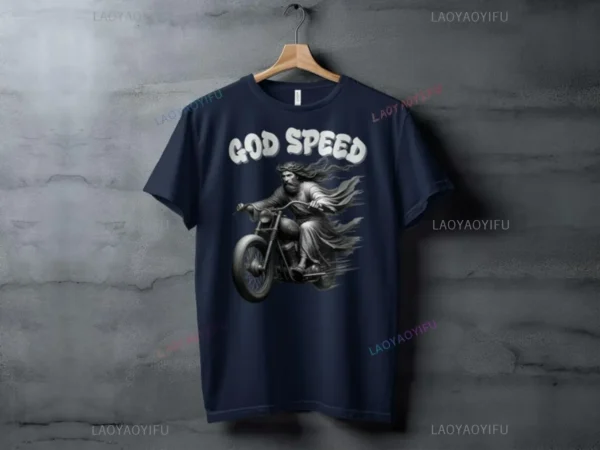 God Speed Jesus on Motorcycle Cotton T-Shirt Cool Religious Vintage Look Graphic Christian Biker Christian Humour Gift Unisex - AliExpress 200000343 - Image 3