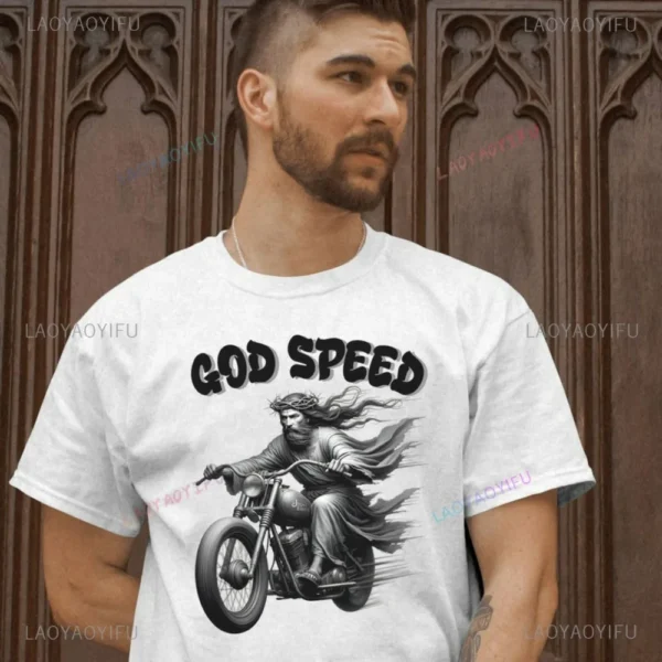 God Speed Jesus on Motorcycle Cotton T-Shirt Cool Religious Vintage Look Graphic Christian Biker Christian Humour Gift Unisex - AliExpress 200000343 - Image 4