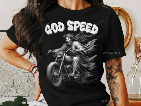 God Speed Jesus on Motorcycle Cotton T-Shirt Cool Religious Vintage Look Graphic Christian Biker Christian Humour Gift Unisex - AliExpress 200000343 - Image 5