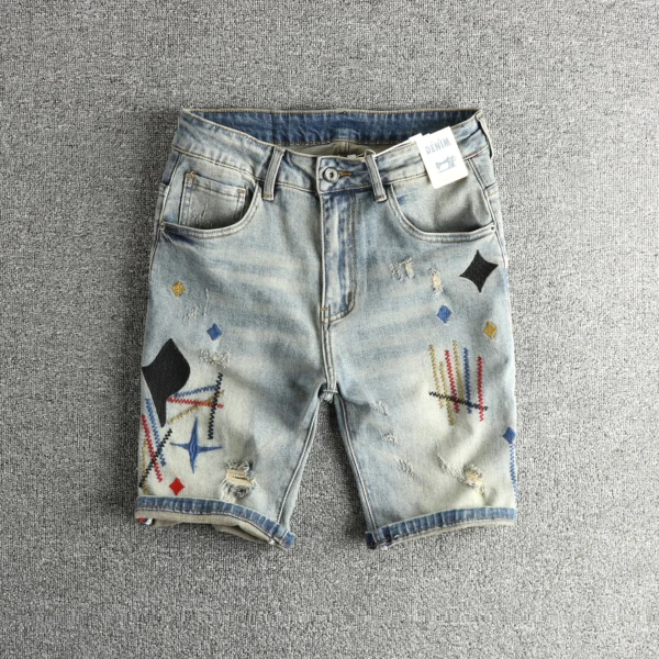 Summer New American Retro Embroidery Denim Cargo Shorts Men's Fashion 93% Cotton Washed Old Hole Straight Casual 5-point Pants - AliExpress 200000343