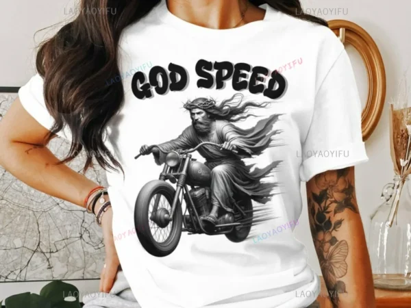God Speed Jesus on Motorcycle Cotton T-Shirt Cool Religious Vintage Look Graphic Christian Biker Christian Humour Gift Unisex - AliExpress 200000343 - Image 6