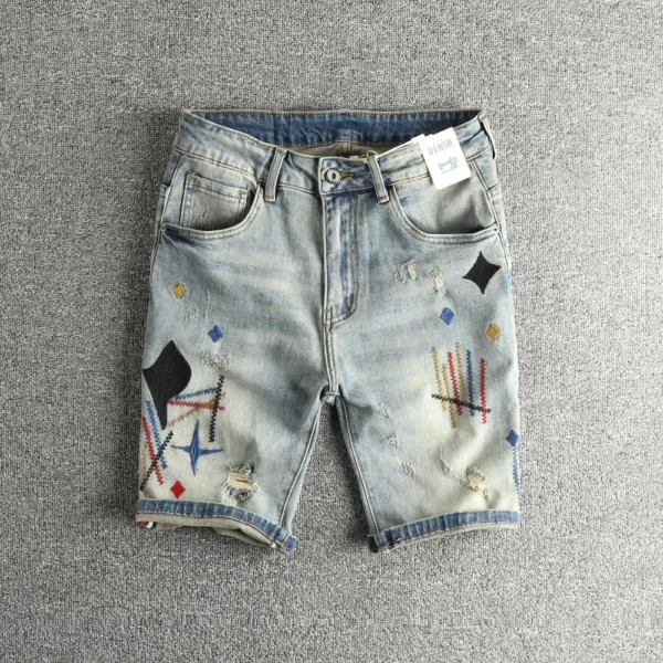 Summer New American Retro Embroidery Denim Cargo Shorts Men's Fashion 93% Cotton Washed Old Hole Straight Casual 5-point Pants - AliExpress 200000343 - Image 6